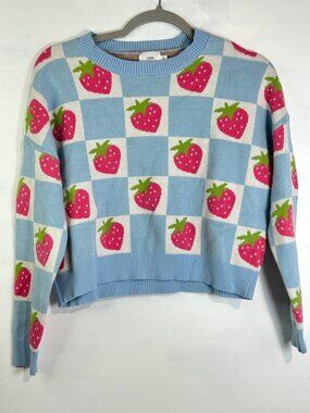 Luna Ivy Strawberry Checkerboard Knit Sweater XS Cottagecore Coquette Kawaii Y2K
